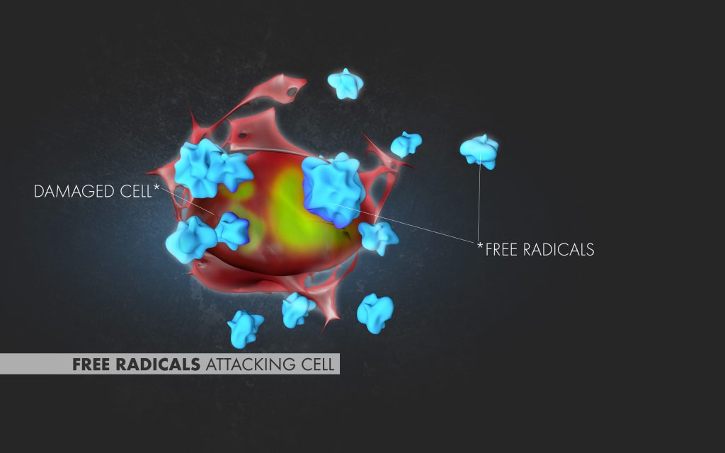 Free radicals attacking a cell
